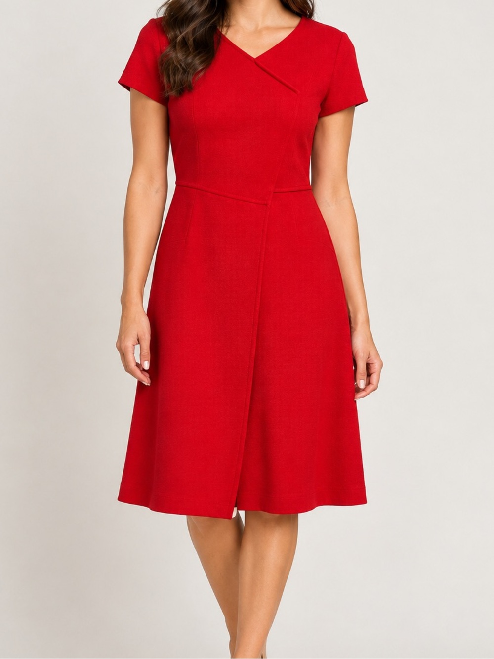 St. John Vibrant Red Short-Sleeve V neck Wool Blend Fit-and-Flare Dress